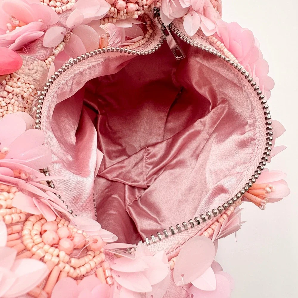 Handcrafted in India Pink 3D Sequin Flower Beaded Hobo Bag Evening Top Handle
